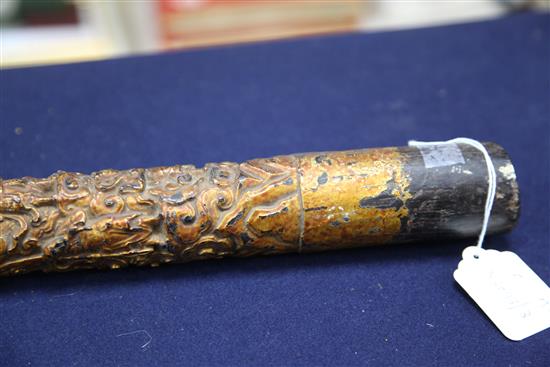 A Chinese gilt lacquered wood temple carving, 17th century possibly Zitan, total length 84cm